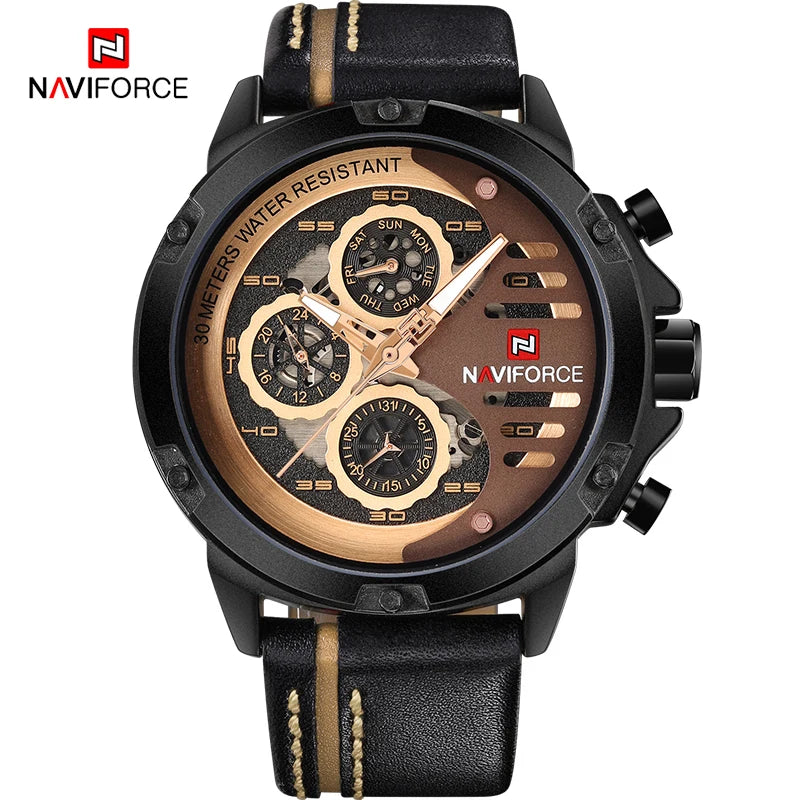 NAVIFORCE Men's Sports 24H Display Date Calendar Waterproof Watch Luminous Genuine Leather Strap Quartz Wristwatch Reloj Hombre