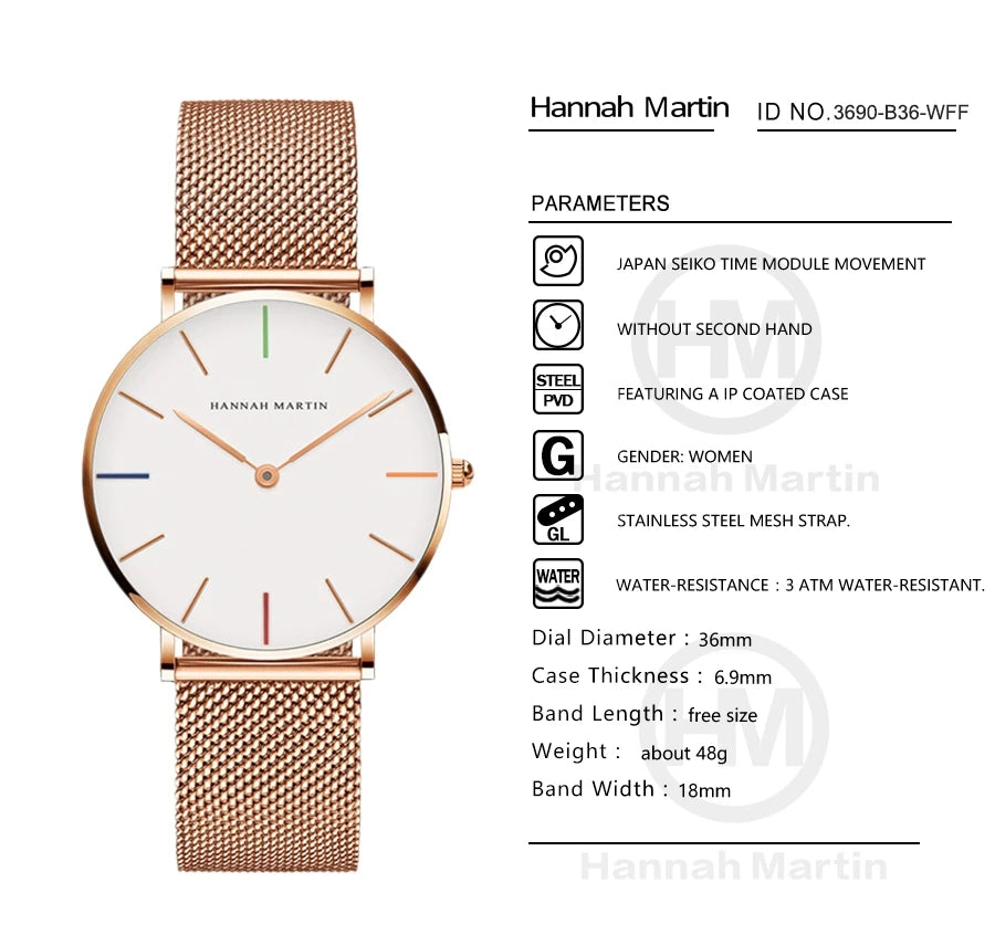 Hannah Martin New 2021 Top Brand Luxury Japan Quartz Wristwatch Stainless Steel Rose Gold Waterproof Watch for Women reloj mujer