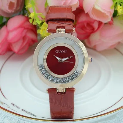 Fashion GUOU Brand Women Rolling Drill Dress Watches Luxury Quicksand Casual Clock Genuine Leather Rhinestone Lady Wrist Watches