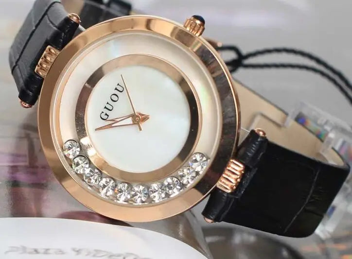 Fashion GUOU Brand Women Rolling Drill Dress Watches Luxury Quicksand Casual Clock Genuine Leather Rhinestone Lady Wrist Watches