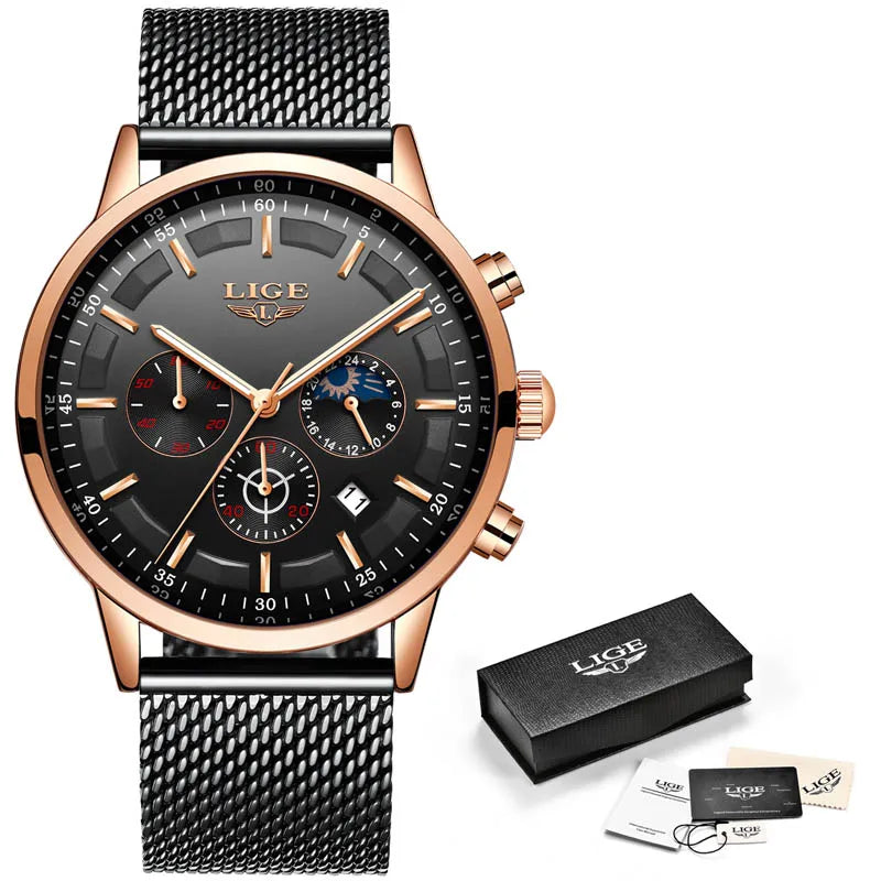 LIGE Top Brand Luxury New Fashion Simple Watch for Men Blue Dial Watch Mesh Belt Sport Waterproof Watches Moon Phase Wrist Watch