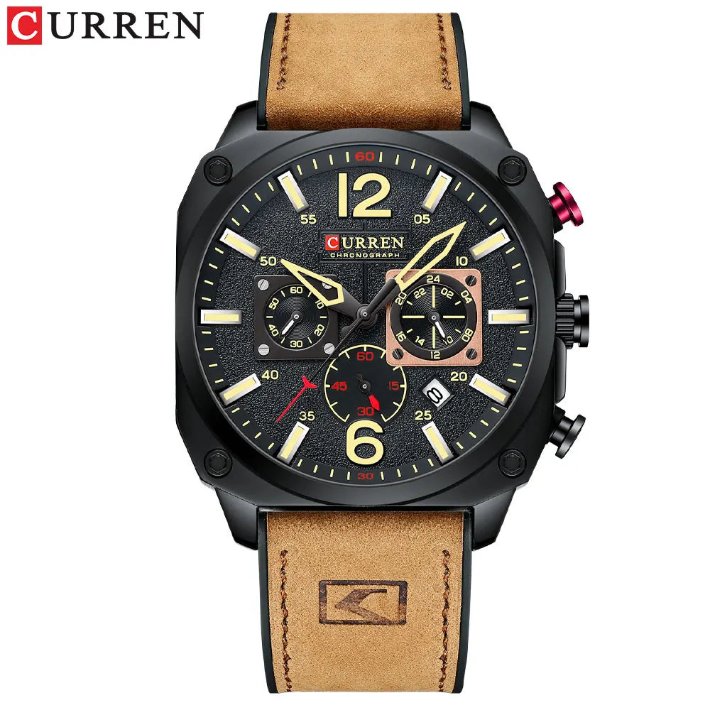 CURREN Men's Watch Fashion Waterproof Multi-function Chronograph Clock Leather Six Needle Calendar Luminous Quartz Watches