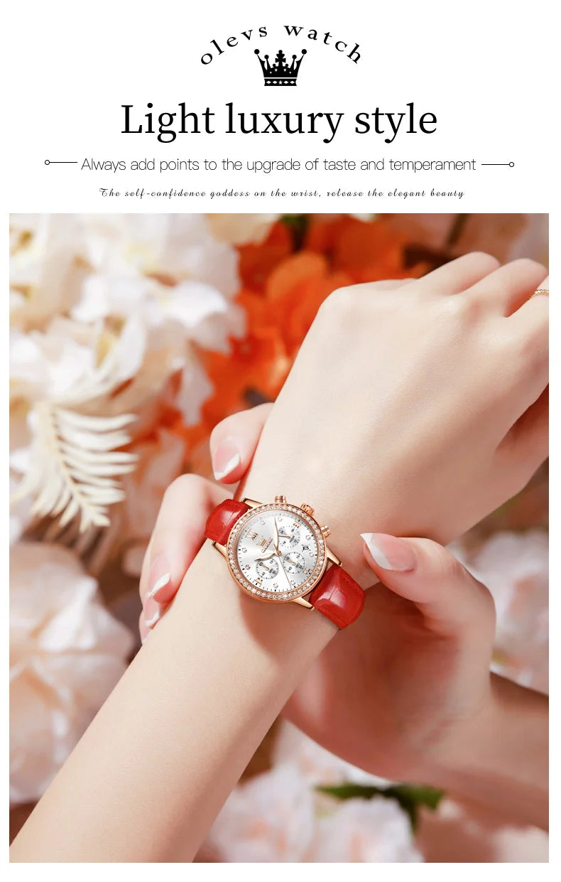 OLEVS 9933 Women' Watches Luxury Brand Diamond Quartz Wristwatch Waterproof Luminous Leather Strap Multifunction Ladies Watch