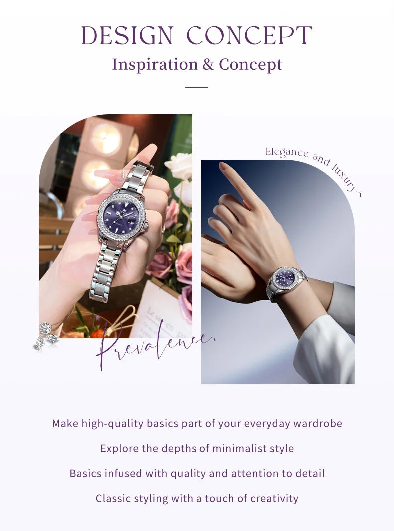 OLEVS 9945 Women's Watches Elegant Purple Full Diamond Dial Solid Stainless Steel Auto Date Waterproof Quartz Watch for Women