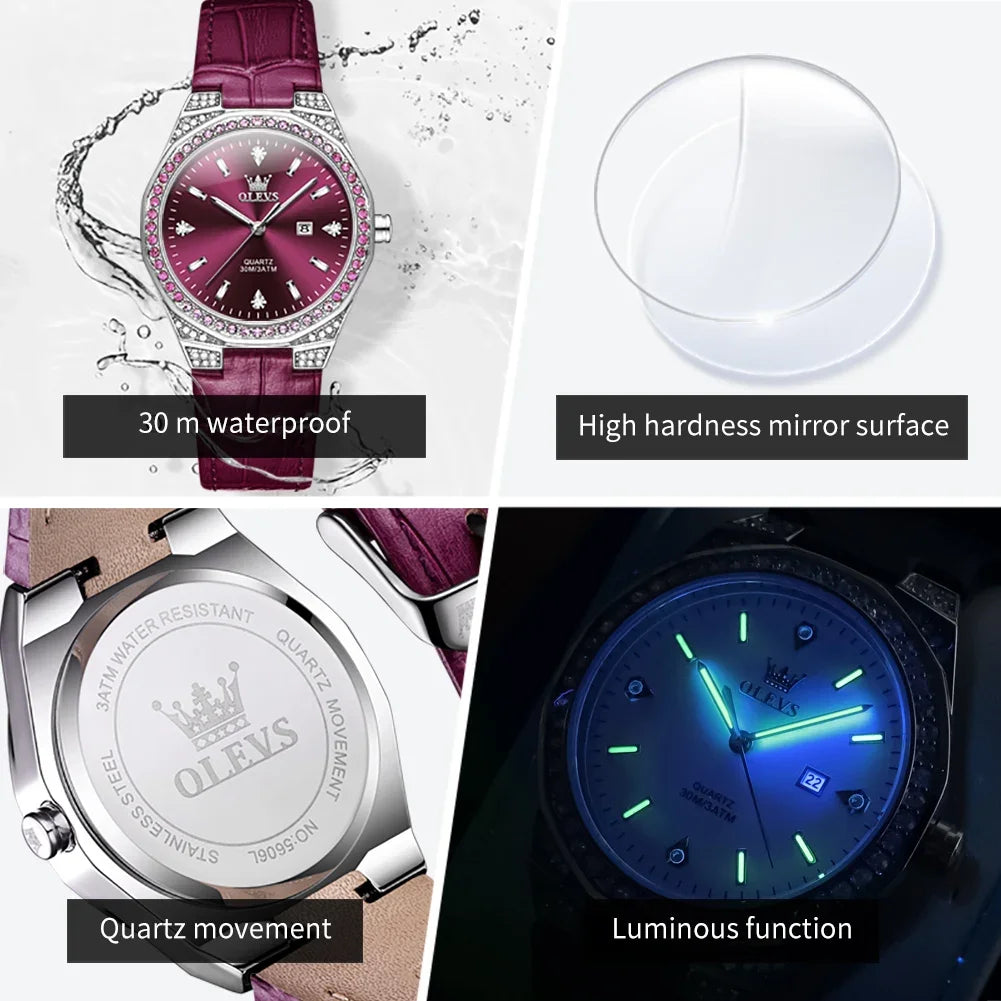OLEVS Original Women's Watches Diamond Lap Fashion Leather Strap Waterproof Luminous Ladies Wristwatch Quartz Watch for Ladies'