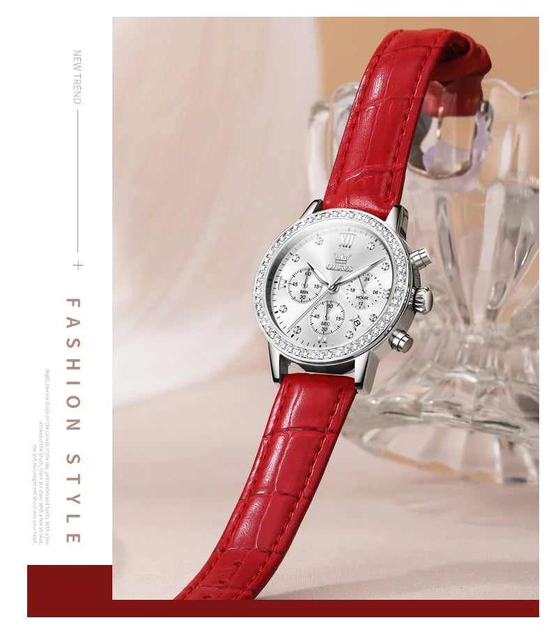OLEVS 9933 Women' Watches Luxury Brand Diamond Quartz Wristwatch Waterproof Luminous Leather Strap Multifunction Ladies Watch