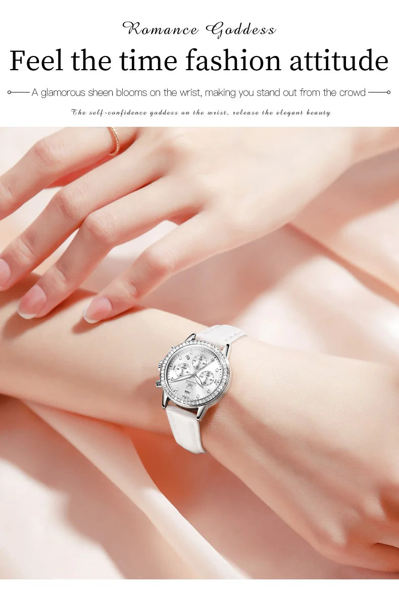 OLEVS 9933 Women' Watches Luxury Brand Diamond Quartz Wristwatch Waterproof Luminous Leather Strap Multifunction Ladies Watch