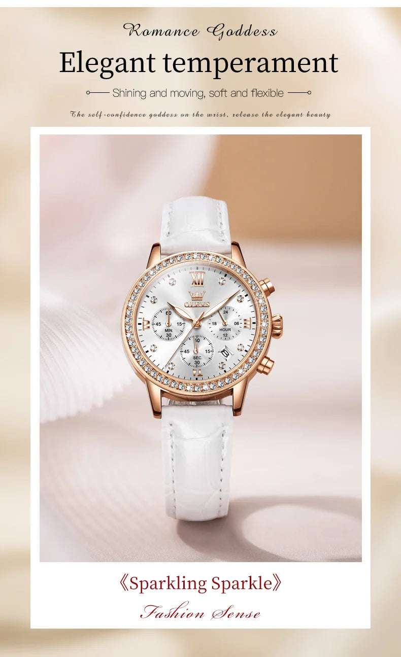 OLEVS 9933 Women' Watches Luxury Brand Diamond Quartz Wristwatch Waterproof Luminous Leather Strap Multifunction Ladies Watch