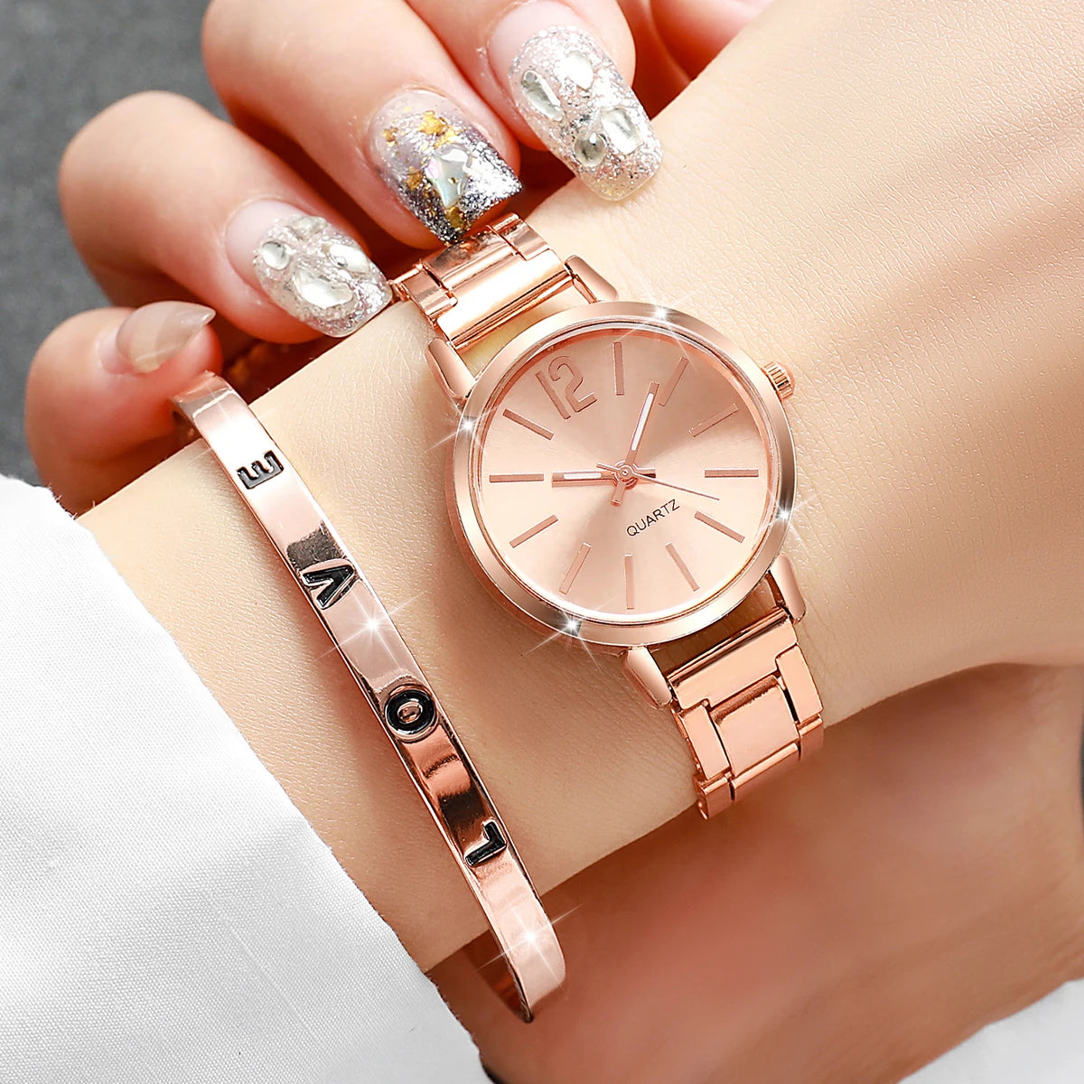 6PCS/Set Women's Watch Fashion Steel Band Quartz Watches Diamond Bracelets Set(Without Box)