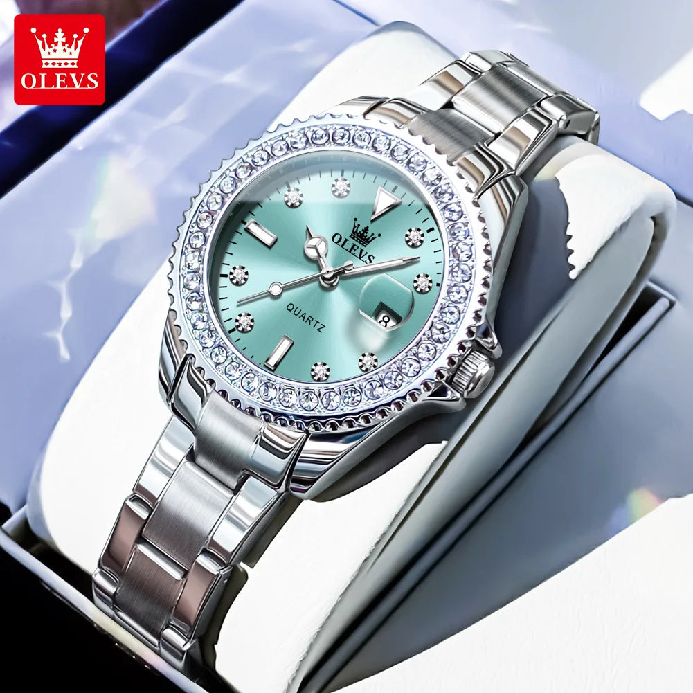 OLEVS 9945 Women's Watches Elegant Purple Full Diamond Dial Solid Stainless Steel Auto Date Waterproof Quartz Watch for Women