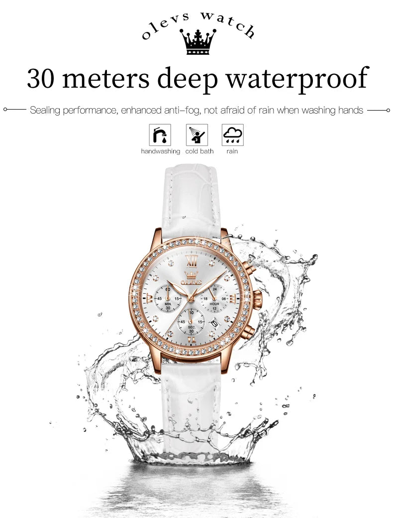 OLEVS 9933 Women' Watches Luxury Brand Diamond Quartz Wristwatch Waterproof Luminous Leather Strap Multifunction Ladies Watch