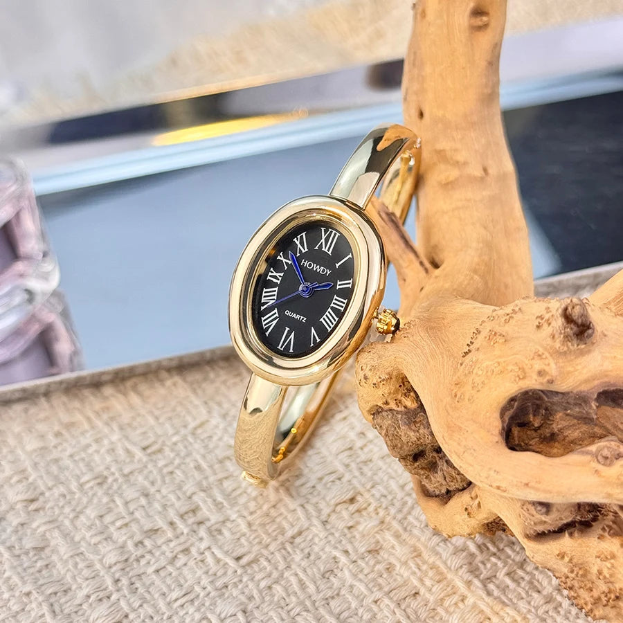 Elegant Roman Numeral Dial Quadro French Style Ladies Quartz Watch Bрасlet with Oval Bath Alloy Band Slimming High-End Sensation
