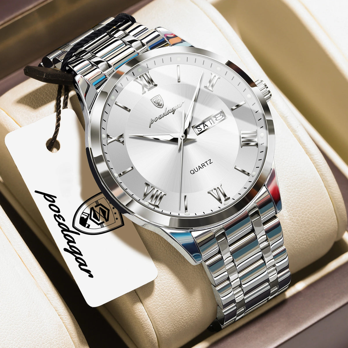 POEDAGAR Business Sports Man Wristwatch Waterproof Luminous Week Date Fashion Men's Clock Stainless Steel Quartz Watches For Men