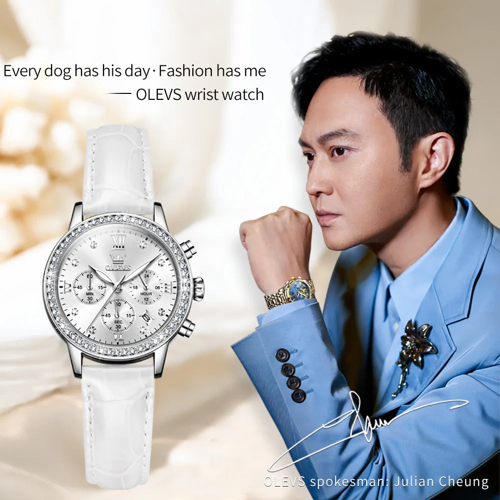 OLEVS 9933 Women' Watches Luxury Brand Diamond Quartz Wristwatch Waterproof Luminous Leather Strap Multifunction Ladies Watch