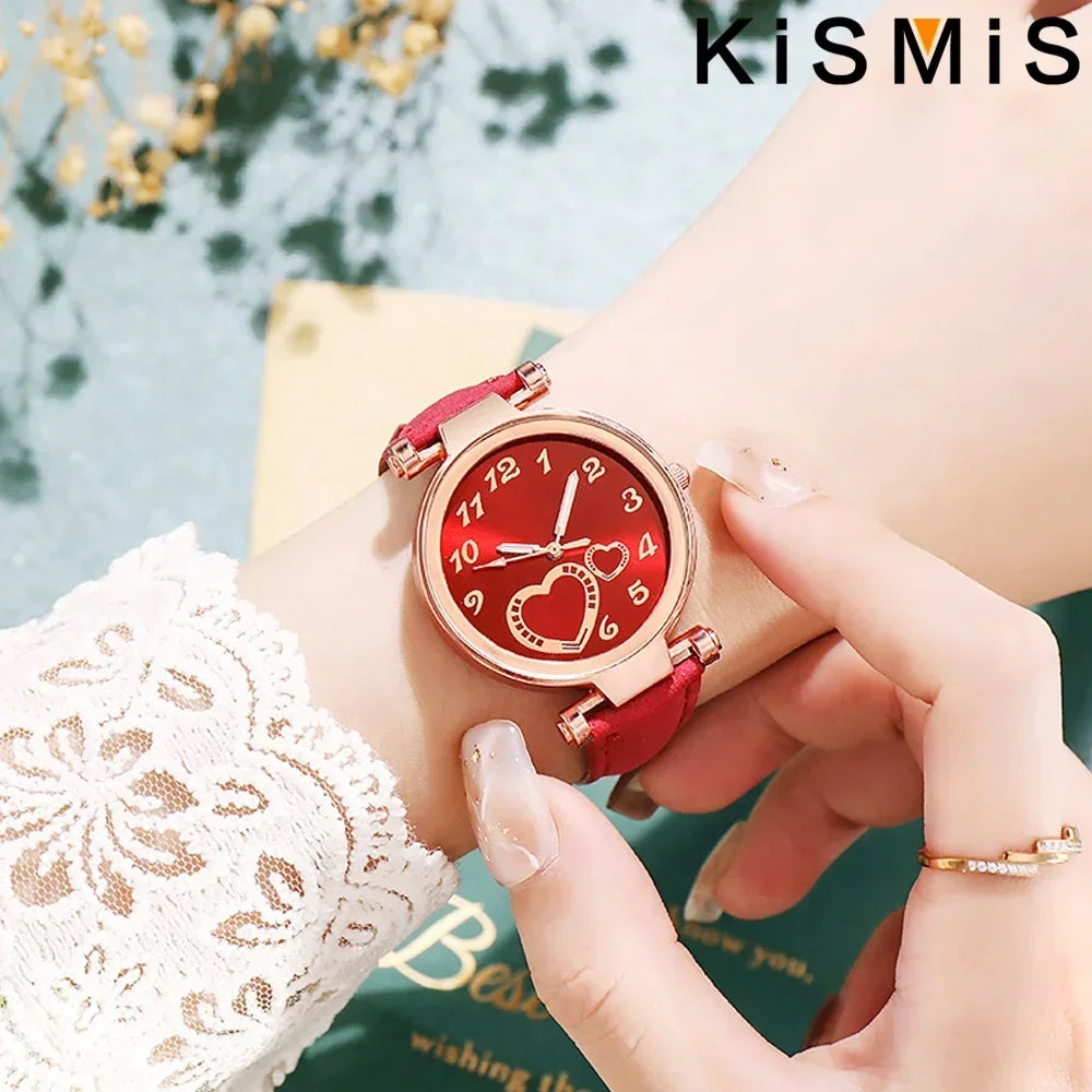 Women Fashion Watch Peach Heart Quartz Watch for Women Frosted Leather Strap Ladies Wristwatch Casual Dress Watch Gift for Her