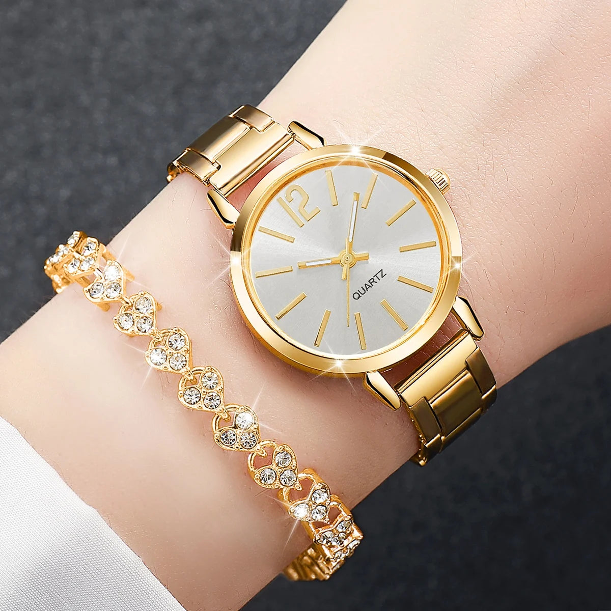 6PCS/Set Women's Watch Fashion Steel Band Quartz Watches Diamond Bracelets Set(Without Box)