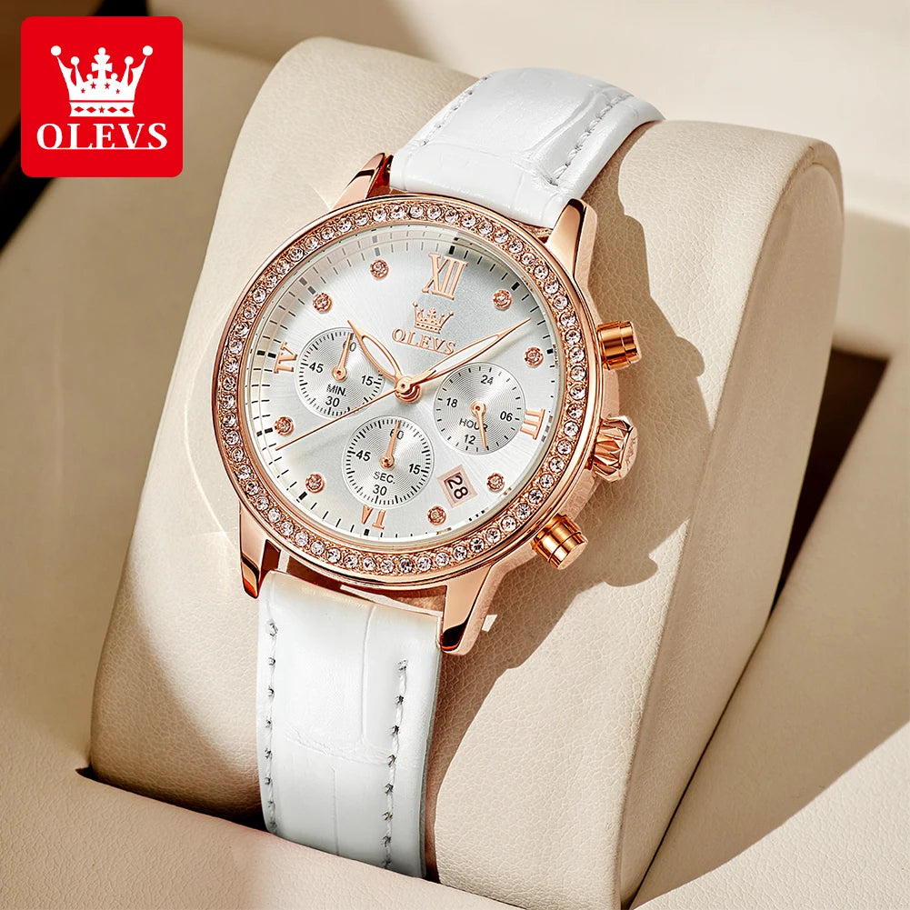 OLEVS 9933 Women' Watches Luxury Brand Diamond Quartz Wristwatch Waterproof Luminous Leather Strap Multifunction Ladies Watch