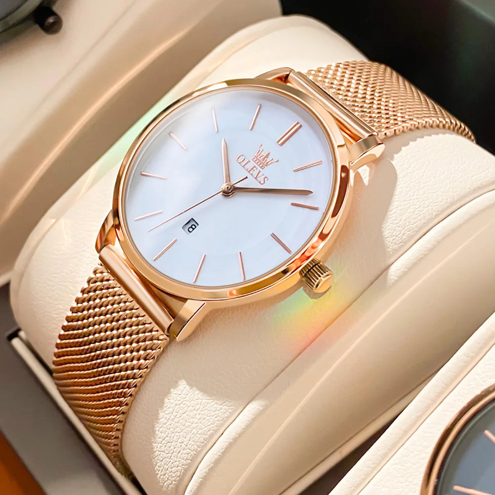 OLEVS Watches For Women Quartz Waterproof Watch Luxury Lady's Watch Stainless Steel Rose Gold Set Gift Box