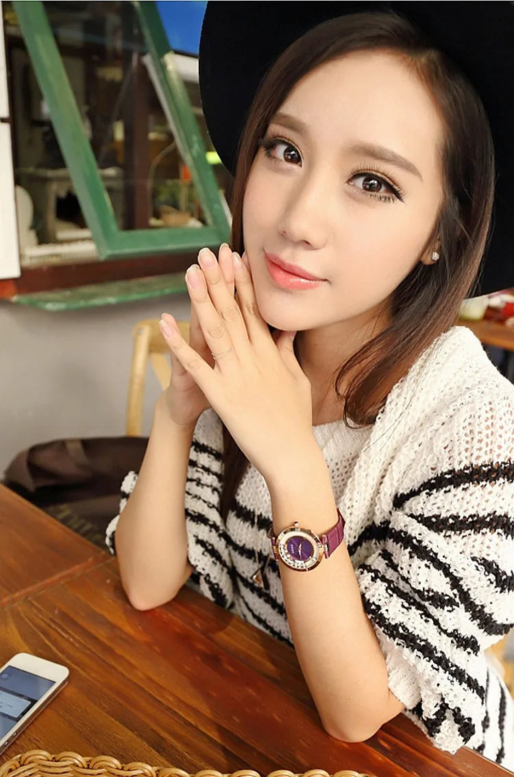 Fashion GUOU Brand Women Rolling Drill Dress Watches Luxury Quicksand Casual Clock Genuine Leather Rhinestone Lady Wrist Watches