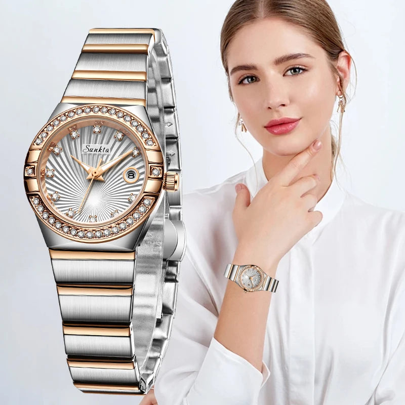 Sunkta Woman Watch LIGE Fashion Luxury Elegant Retro Diamond Simple Stainless Waterproof Casual Calendar Quartz Women's Watches
