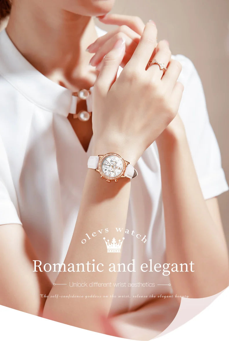 OLEVS 9933 Women' Watches Luxury Brand Diamond Quartz Wristwatch Waterproof Luminous Leather Strap Multifunction Ladies Watch