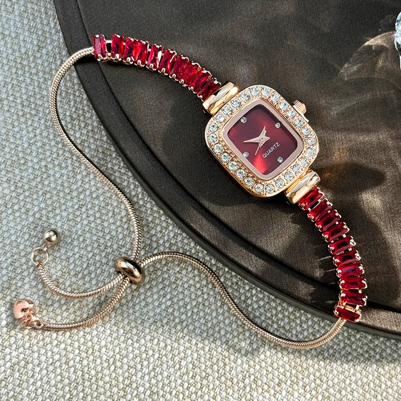 Women's Inlaid Zircon Flexible Pull out Bracelet with Diamond Square Alloy Case Rhinestone Scale Simple Dial Quartz Watch