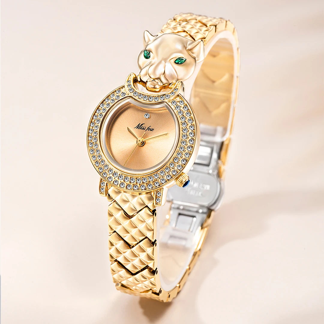 MISSFOX Leopard 3D Bling Diamond Quartz Women Watch Fashion Casual Ladies Watch Female Quartz Gold Watch Jewelry Women Clock