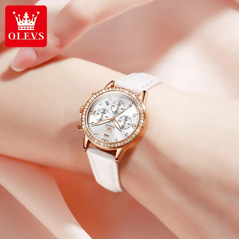 OLEVS 9933 Women' Watches Luxury Brand Diamond Quartz Wristwatch Waterproof Luminous Leather Strap Multifunction Ladies Watch
