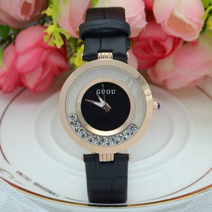 Fashion GUOU Brand Women Rolling Drill Dress Watches Luxury Quicksand Casual Clock Genuine Leather Rhinestone Lady Wrist Watches