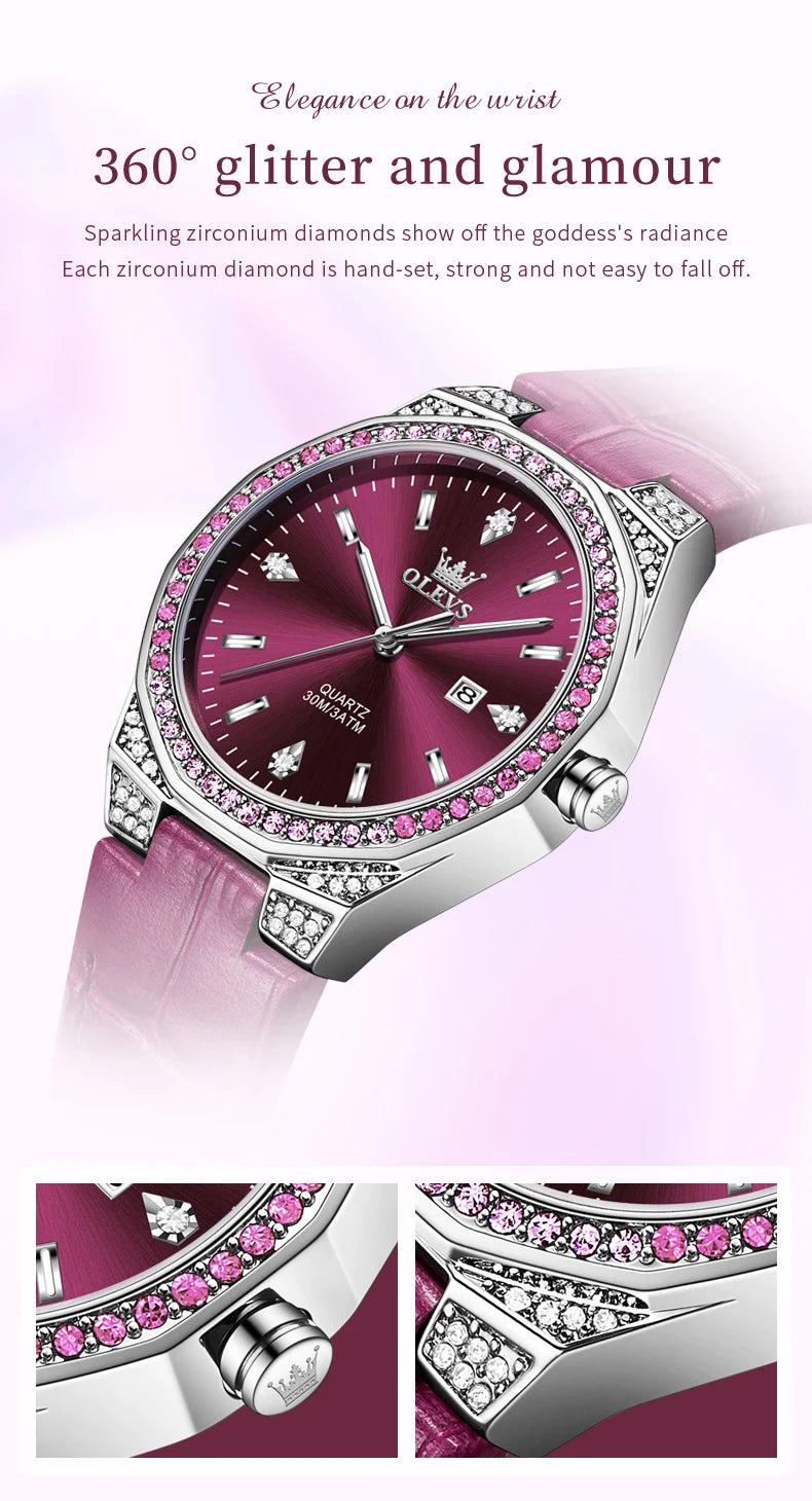 OLEVS Original Women's Watches Diamond Lap Fashion Leather Strap Waterproof Luminous Ladies Wristwatch Quartz Watch for Ladies'