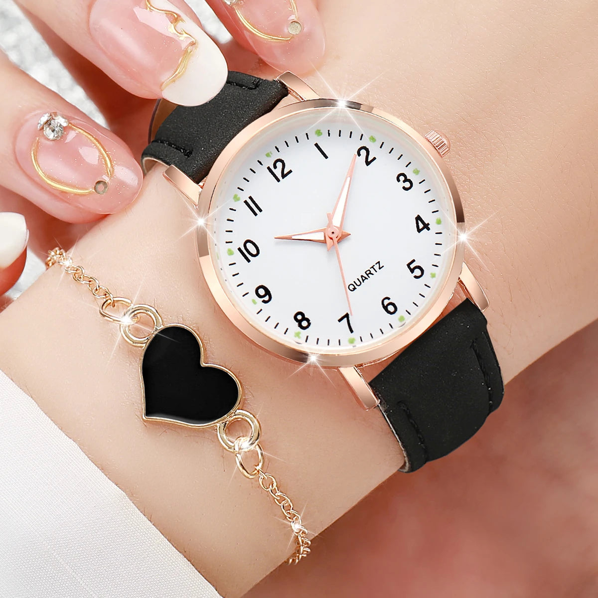 4/6PCS Fashion Arabic Dial Women Watches Ladies Leather Strap Quartz Wristwatch Heart Bracelets Set Reloj Mujer(Without Box)