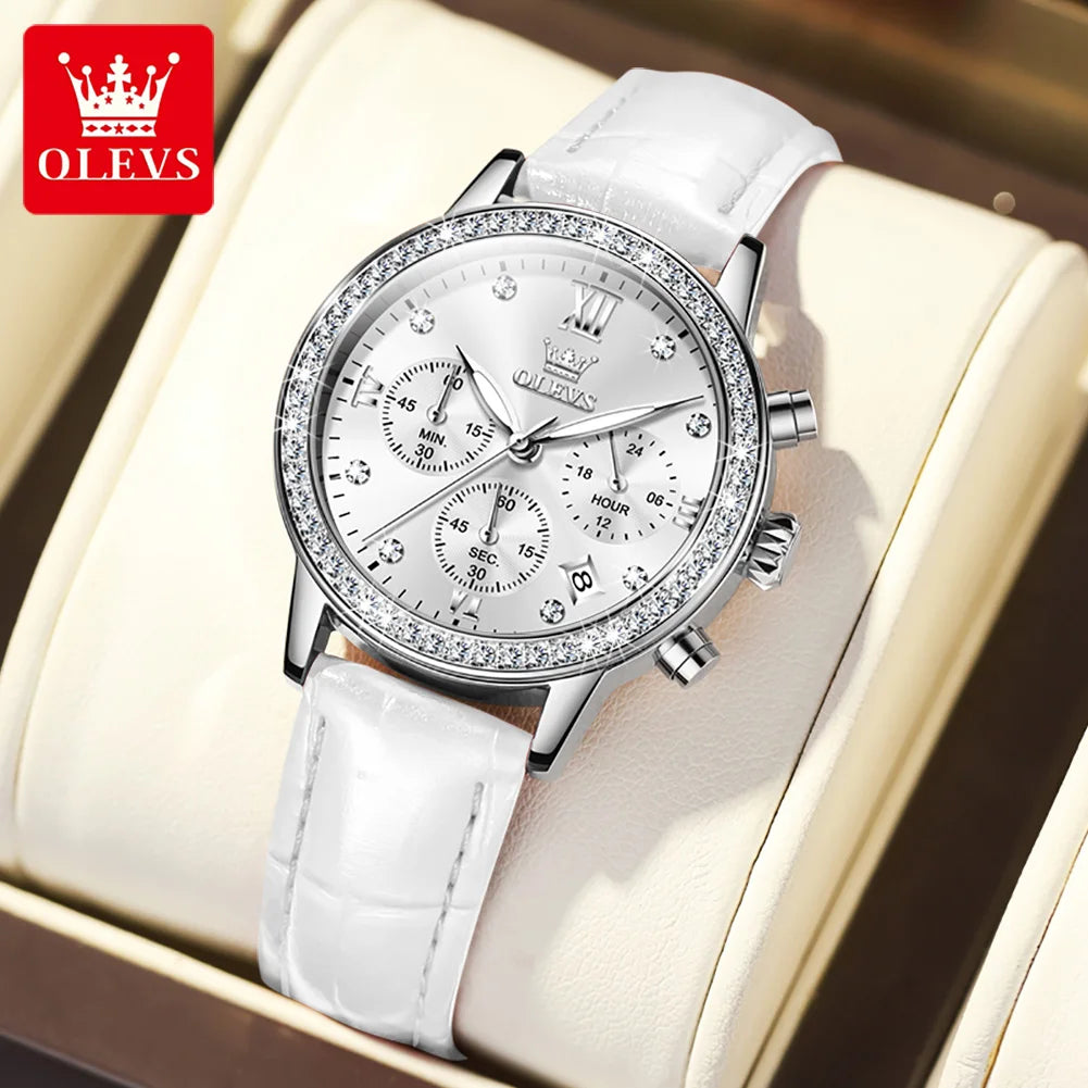 OLEVS 9933 Women' Watches Luxury Brand Diamond Quartz Wristwatch Waterproof Luminous Leather Strap Multifunction Ladies Watch