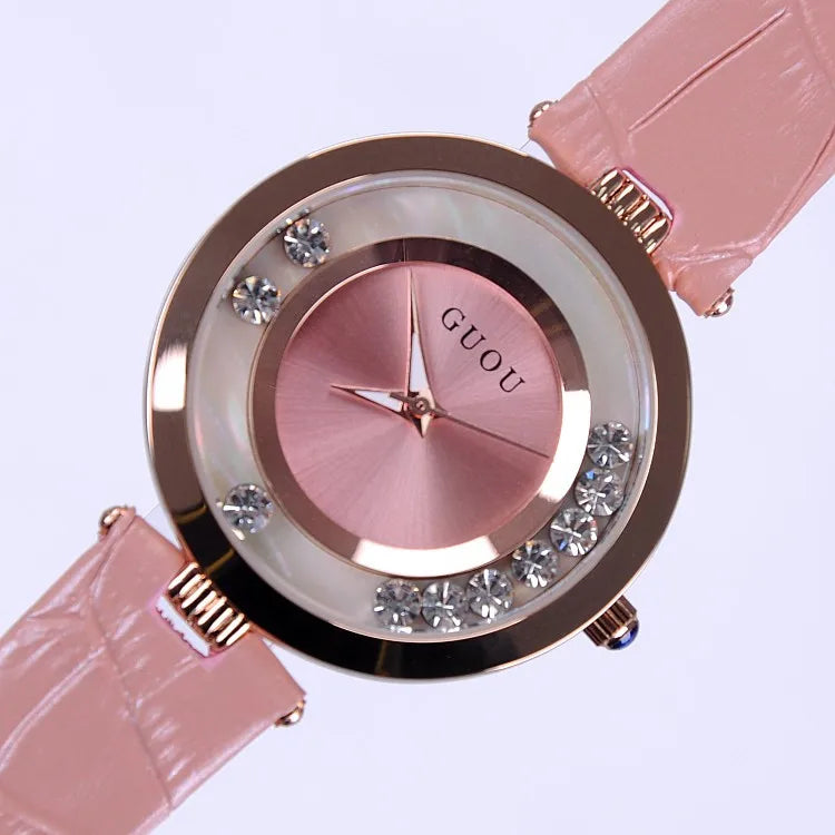 Fashion GUOU Brand Women Rolling Drill Dress Watches Luxury Quicksand Casual Clock Genuine Leather Rhinestone Lady Wrist Watches
