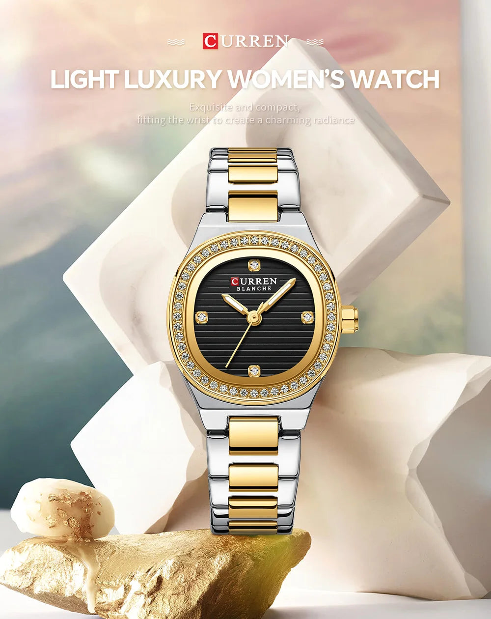 CURREN Fashion Casual Quartz Wristwatches for Women Simple Dress Watch Ladies Stainless Steel Bracelet with Luminous Hands