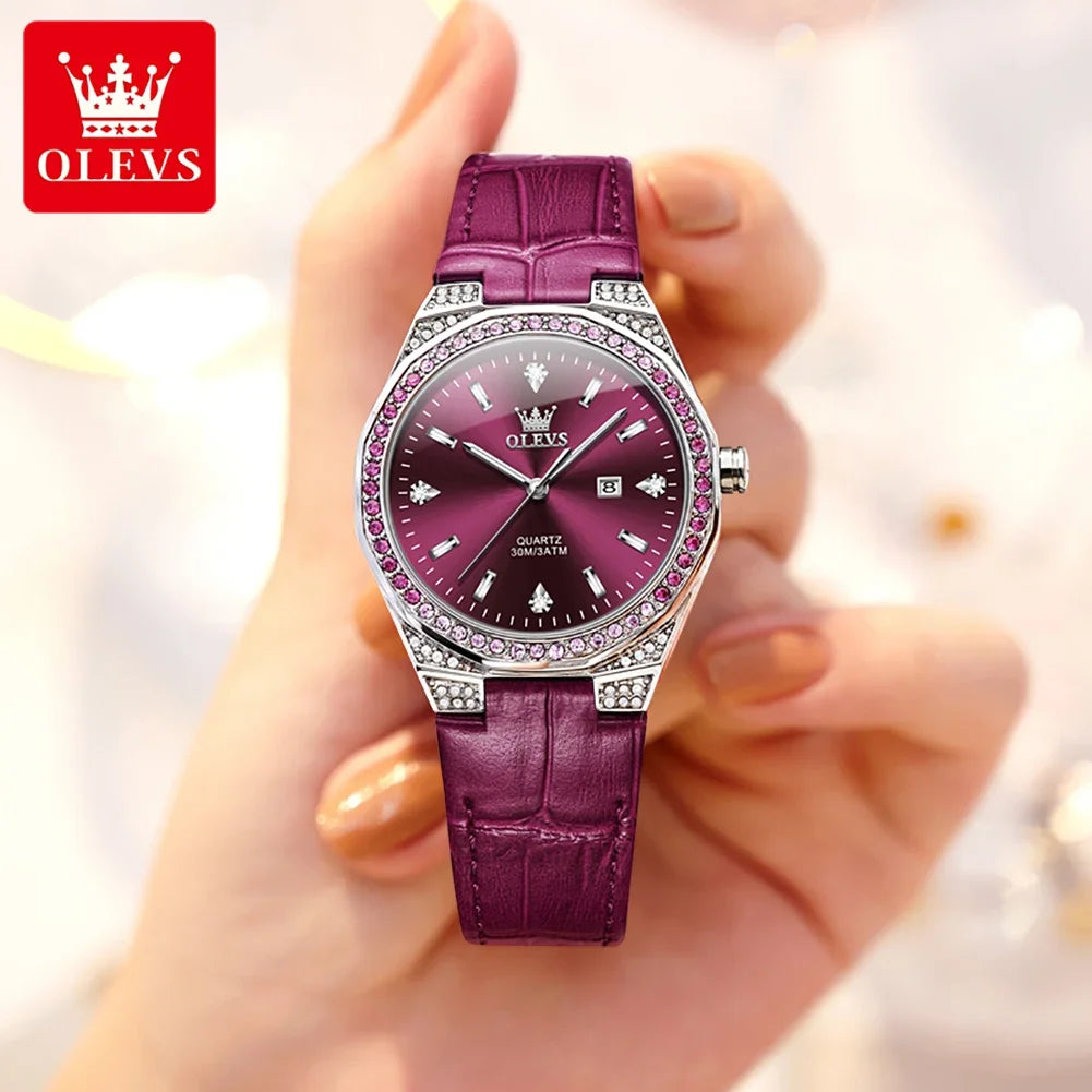 OLEVS Original Women's Watches Diamond Lap Fashion Leather Strap Waterproof Luminous Ladies Wristwatch Quartz Watch for Ladies'