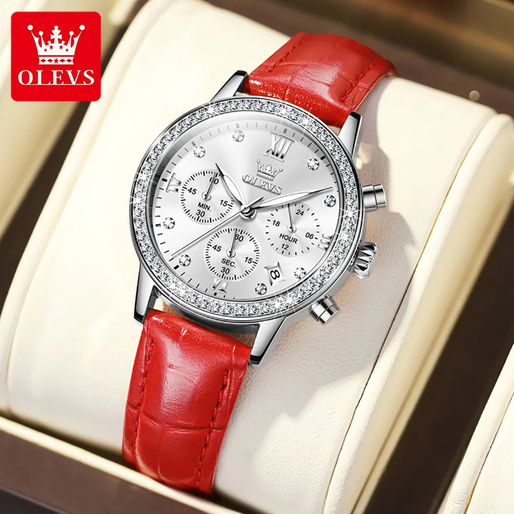 OLEVS 9933 Women' Watches Luxury Brand Diamond Quartz Wristwatch Waterproof Luminous Leather Strap Multifunction Ladies Watch