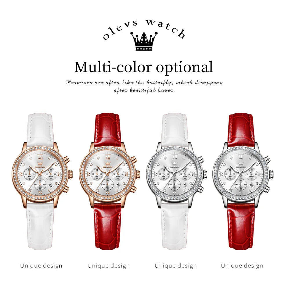 OLEVS 9933 Women' Watches Luxury Brand Diamond Quartz Wristwatch Waterproof Luminous Leather Strap Multifunction Ladies Watch