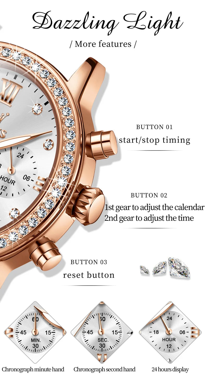 OLEVS 9933 Women' Watches Luxury Brand Diamond Quartz Wristwatch Waterproof Luminous Leather Strap Multifunction Ladies Watch