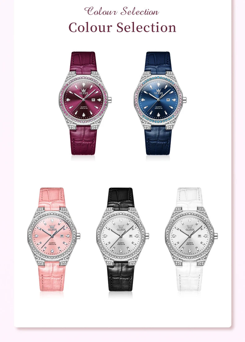 OLEVS Original Women's Watches Diamond Lap Fashion Leather Strap Waterproof Luminous Ladies Wristwatch Quartz Watch for Ladies'