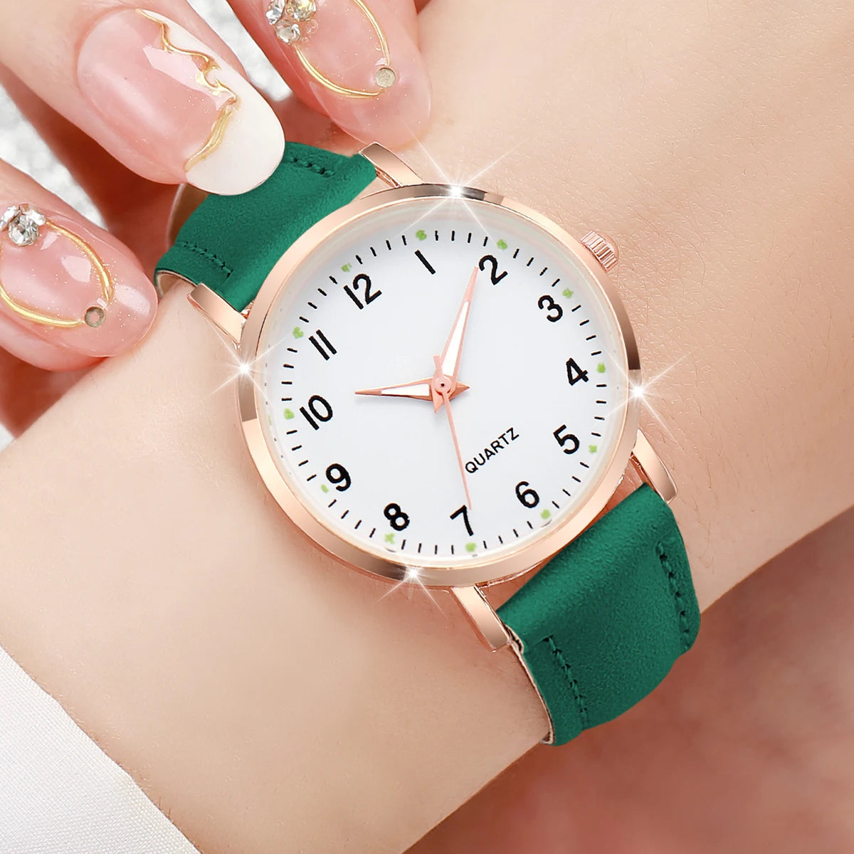 7PCS/Set Fashion Arabic Dial Women Quartz Watch Casual Leather Band Wrist Watches(Without Box)