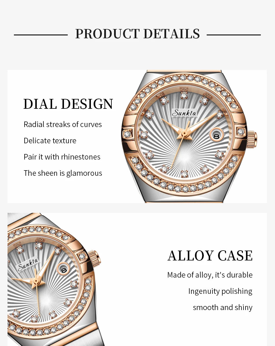 Sunkta Woman Watch LIGE Fashion Luxury Elegant Retro Diamond Simple Stainless Waterproof Casual Calendar Quartz Women's Watches