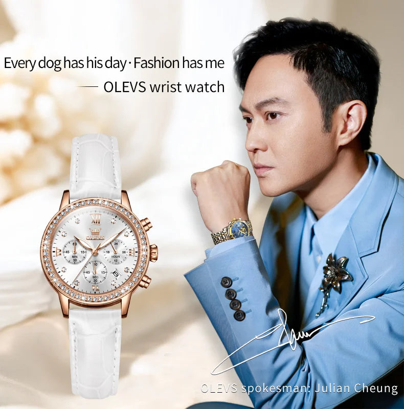 OLEVS 9933 Women' Watches Luxury Brand Diamond Quartz Wristwatch Waterproof Luminous Leather Strap Multifunction Ladies Watch