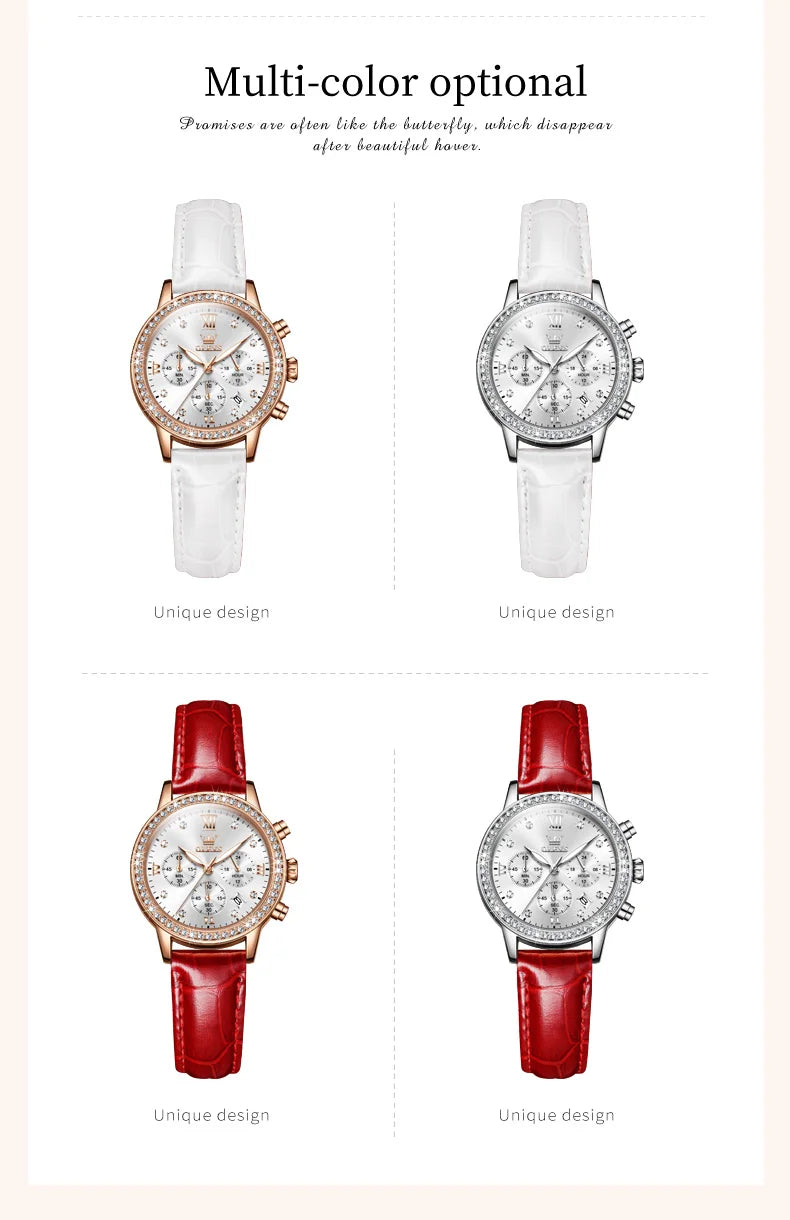 OLEVS 9933 Women' Watches Luxury Brand Diamond Quartz Wristwatch Waterproof Luminous Leather Strap Multifunction Ladies Watch