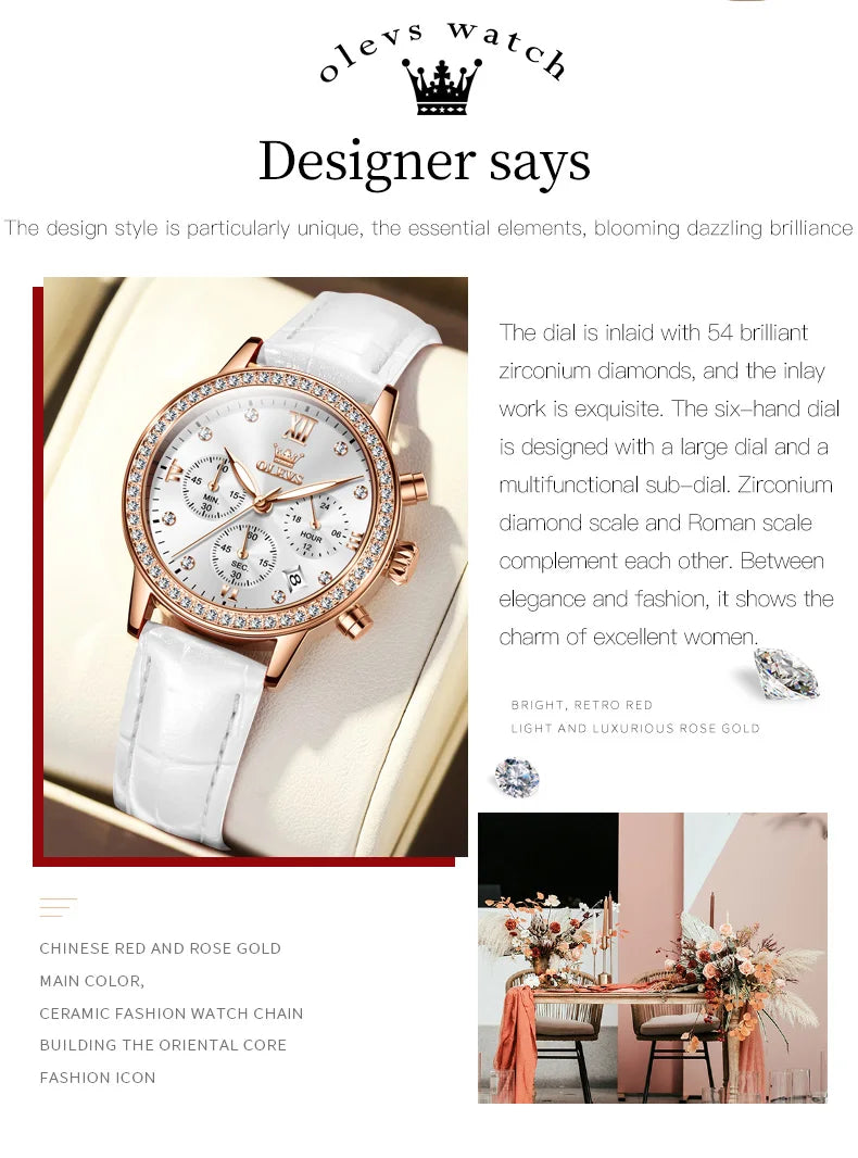 OLEVS 9933 Women' Watches Luxury Brand Diamond Quartz Wristwatch Waterproof Luminous Leather Strap Multifunction Ladies Watch
