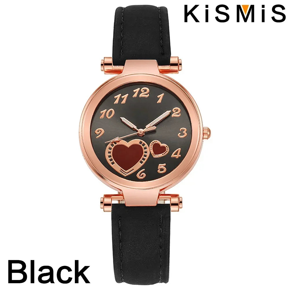 Women Fashion Watch Peach Heart Quartz Watch for Women Frosted Leather Strap Ladies Wristwatch Casual Dress Watch Gift for Her