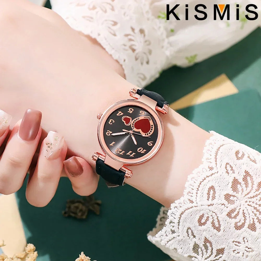 Women Fashion Watch Peach Heart Quartz Watch for Women Frosted Leather Strap Ladies Wristwatch Casual Dress Watch Gift for Her