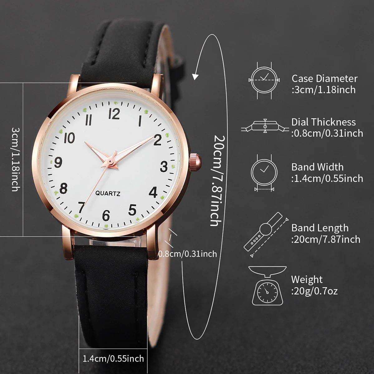 7PCS/Set Fashion Arabic Dial Women Quartz Watch Casual Leather Band Wrist Watches(Without Box)