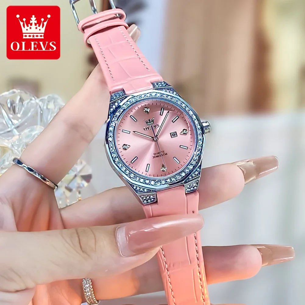 OLEVS Original Women's Watches Diamond Lap Fashion Leather Strap Waterproof Luminous Ladies Wristwatch Quartz Watch for Ladies'