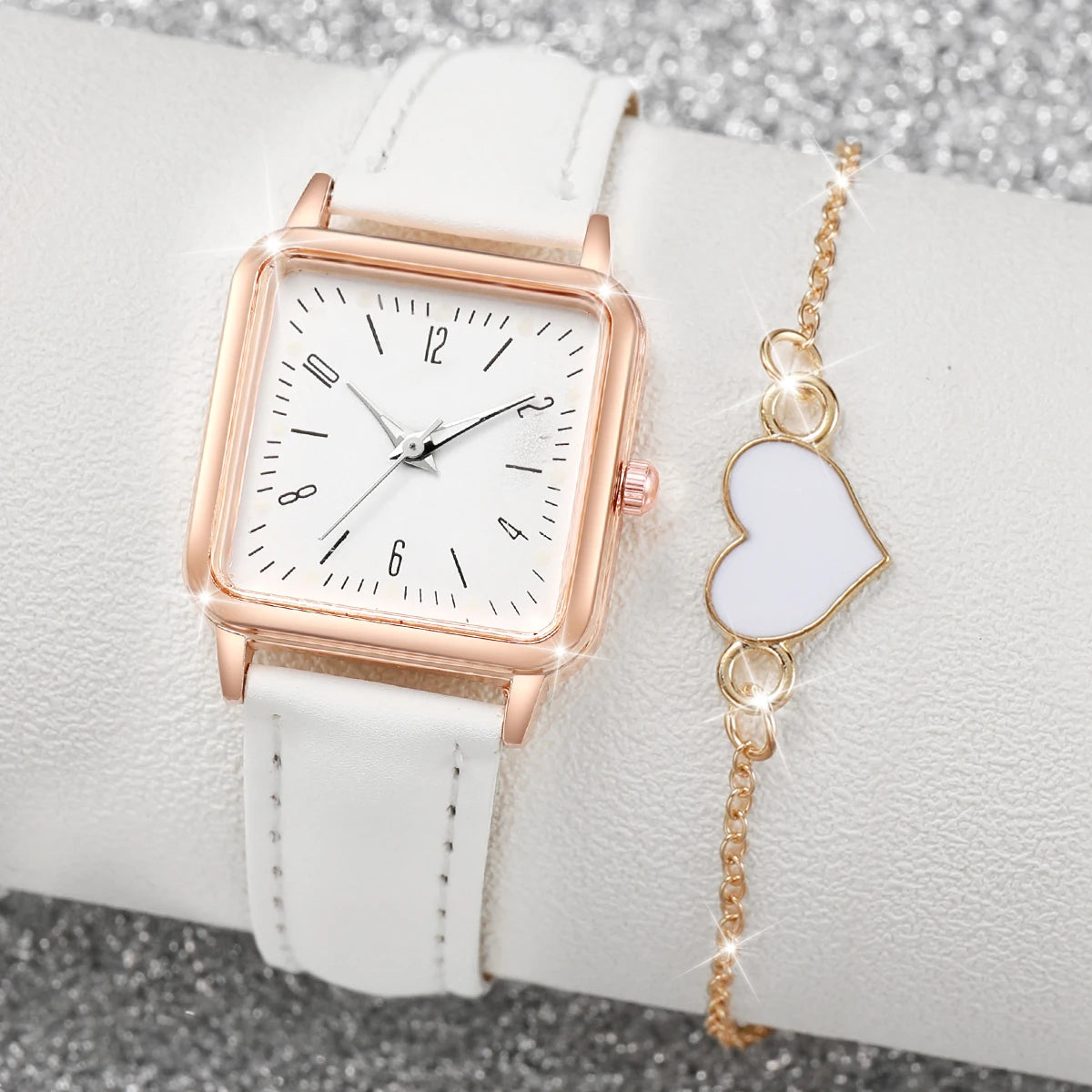 2/4PCS Fashion Square Women's Watch Leather Band Quartz Watches Heart Bracelet Set(Without Box)