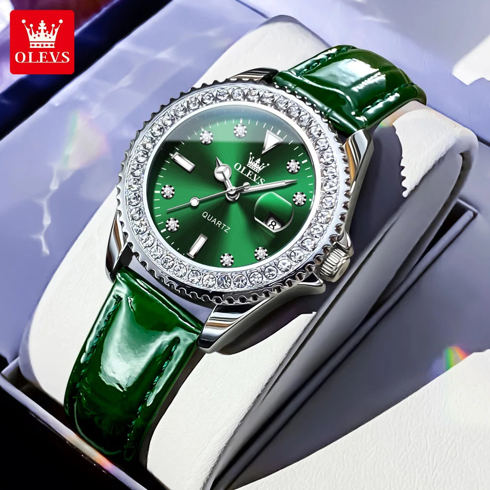 OLEVS 9945 Women's Watches Elegant Purple Full Diamond Dial Solid Stainless Steel Auto Date Waterproof Quartz Watch for Women